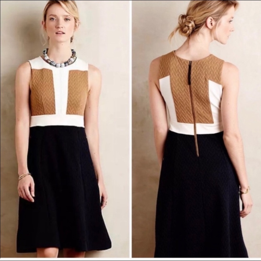 Maeve Anthropologie Color Block Navy Cream Flare Cable Sweater Dress - Picture 11 of 11